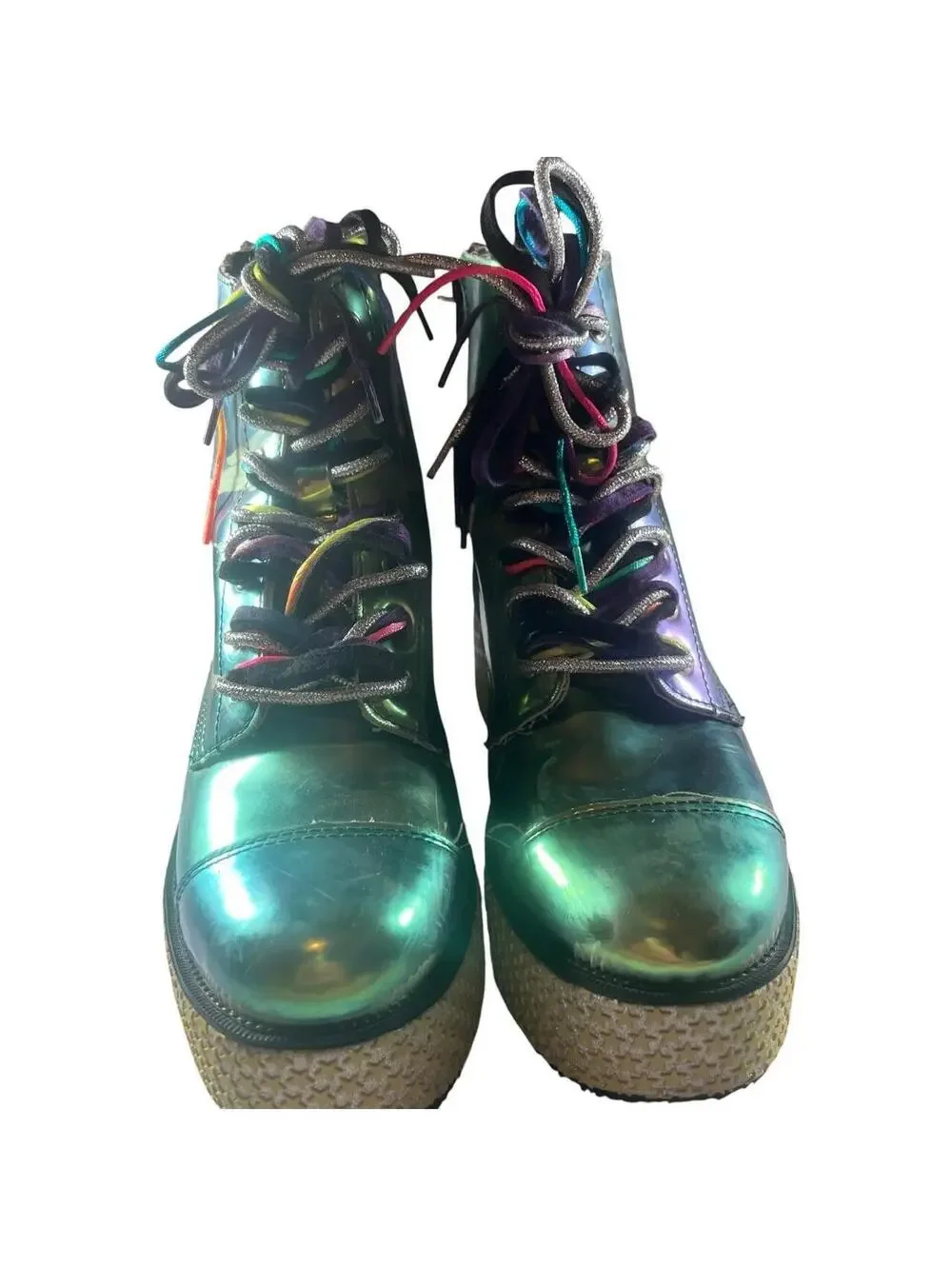 TUK x Dollskill Iridescent Rainbow Star Studded Platform Combat Boots